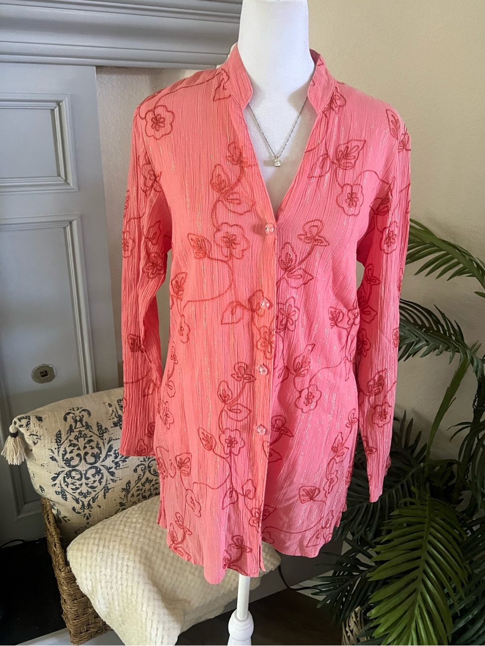 Susan Graver Coral Pink Floral Button-Down Shirt